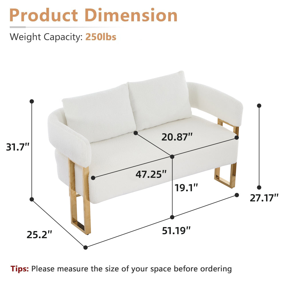 Modern Loveseat Sofa | Luxurious Gold Square Metal Legs | High-Rebound Foam + Ergonomic Design | Teddy/Velvet Upholstery | Dressing Area, Reception Room, Office, Living Room | White/Black/Pink/Green/Gray/Lilac