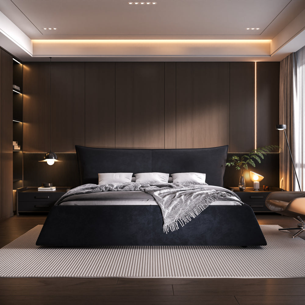 Queen/King Size Velvet Upholstered Platform Bed | Oversized Trapezoid Headboard | 1000 lbs | Pine Wood & Iron Frame | 24 Slats | No Box Spring | White/Black