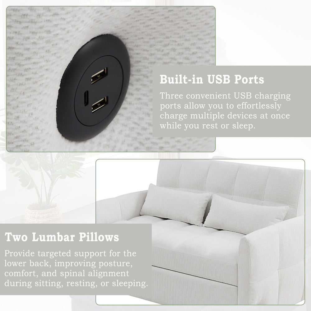 52.8" Loveseat Pull-Out Sleeper Sofa Bed | 2-Seat Tufted Chenille Couch | Adjustable Backrest 90°/135°/180° | 3 Built-In USB Ports | High-Density Foam | 2 Lumbar Pillows | Sturdy Multi-Wood Frame | Beige/Gray/Blue/Green