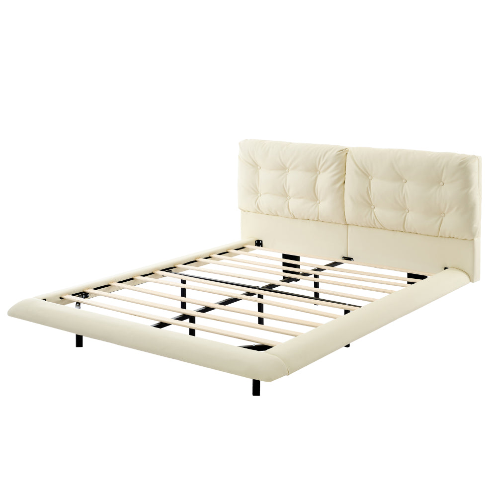 Queen Size PU Leather Floating Platform Bed | Button Tufted Segmented Headboard | Remote-Controlled LED Light Strip 6 Colors | 800 lbs | Hidden Leg Design | No Box Spring Needed | Pink / White / Khaki