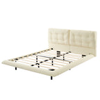 Queen Size PU Leather Floating Platform Bed | Button Tufted Segmented Headboard | Remote-Controlled LED Light Strip 6 Colors | 800 lbs | Hidden Leg Design | No Box Spring Needed | Pink / White / Khaki