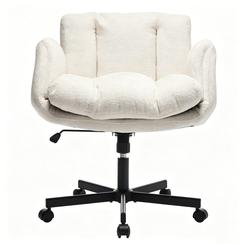 Modern Chenille Swivel Office Chair | Height Adjustable Task Chair | Double-Layer Cushioned Seat & Back | Convertible Multi-Position Flip-Up Armrests | Heavy-Duty 5-Star Base | Home Office, Study, Vanity, Living Room | Beige/Pink