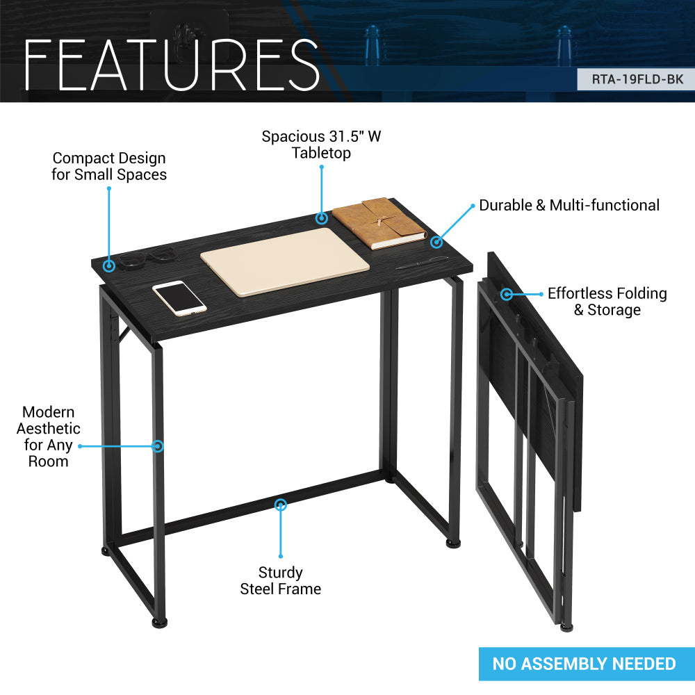 Techni Mobili 31.5" Wide Folding Desk for Small Spaces — No Assembly Required | Quick-Fold Portable Desk | Steel Frame & Particle Board Tabletop | Compact Laptop Workstation | Tray Table for Bedroom, Living Room, Dorm & Office | Black