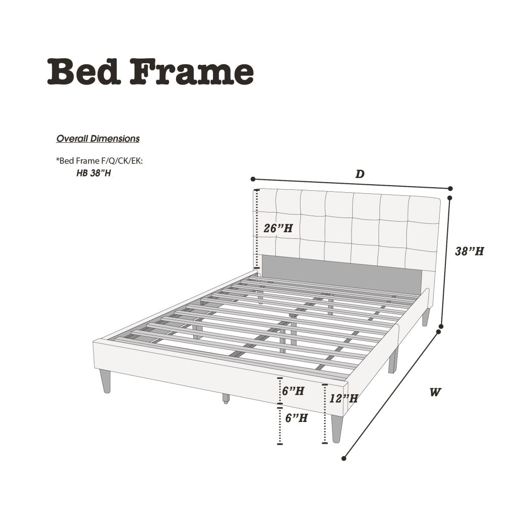 Queen Size Upholstered Platform Bed | Square Tufted Linen-Like Polyfiber Headboard | Particle Board & Rubberwood Frame | Footboard Included | No Box Spring Needed | Charcoal / Gray