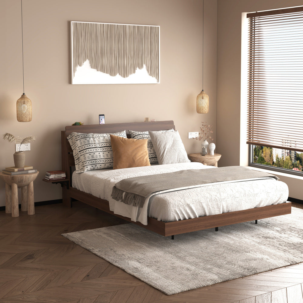 Wood Platform Bed with Bookshelf Storage Headboard
