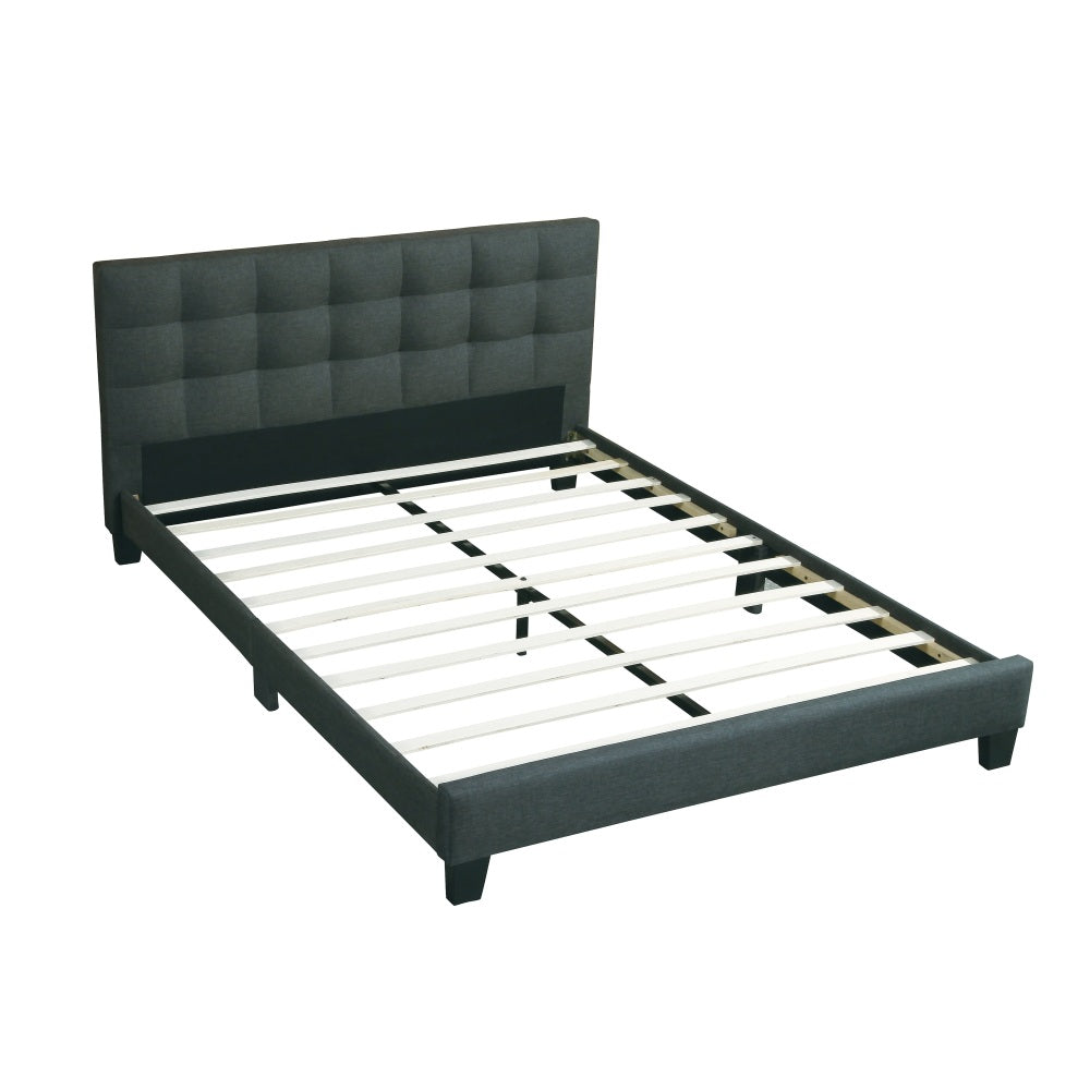 Queen Size Upholstered Platform Bed | Square Tufted Linen-Like Polyfiber Headboard | Particle Board & Rubberwood Frame | Footboard Included | No Box Spring Needed | Charcoal / Gray