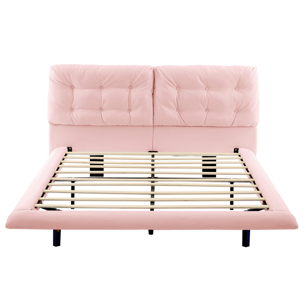 Queen Size PU Leather Floating Platform Bed | Button Tufted Segmented Headboard | Remote-Controlled LED Light Strip 6 Colors | 800 lbs | Hidden Leg Design | No Box Spring Needed | Pink / White / Khaki