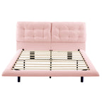 Queen Size PU Leather Floating Platform Bed | Button Tufted Segmented Headboard | Remote-Controlled LED Light Strip 6 Colors | 800 lbs | Hidden Leg Design | No Box Spring Needed | Pink / White / Khaki