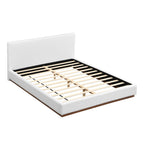 Queen/King Size White Boucle Upholstered Platform Bed | Wood Grain Textured Brown Solid Wood Base | 11 Slats + 4 Legs | 800 lbs | No Box Spring Needed | 2-Person Easy Assembly | White