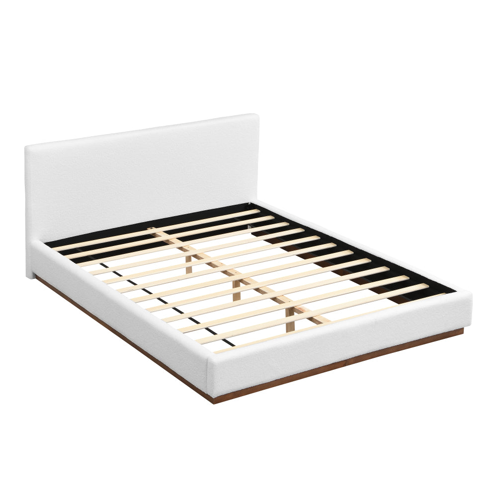 Queen/King Size White Boucle Upholstered Platform Bed | Wood Grain Textured Brown Solid Wood Base | 11 Slats + 4 Legs | 800 lbs | No Box Spring Needed | 2-Person Easy Assembly | White