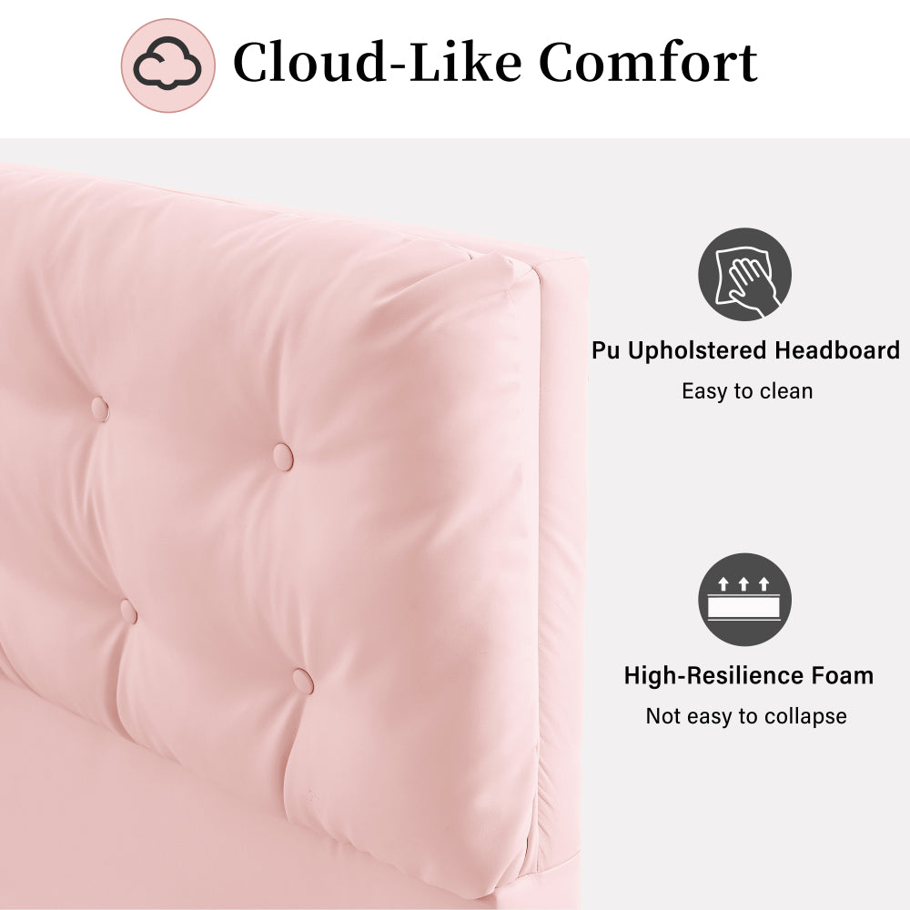 Queen Size PU Leather Floating Platform Bed | Button Tufted Segmented Headboard | Remote-Controlled LED Light Strip 6 Colors | 800 lbs | Hidden Leg Design | No Box Spring Needed | Pink / White / Khaki