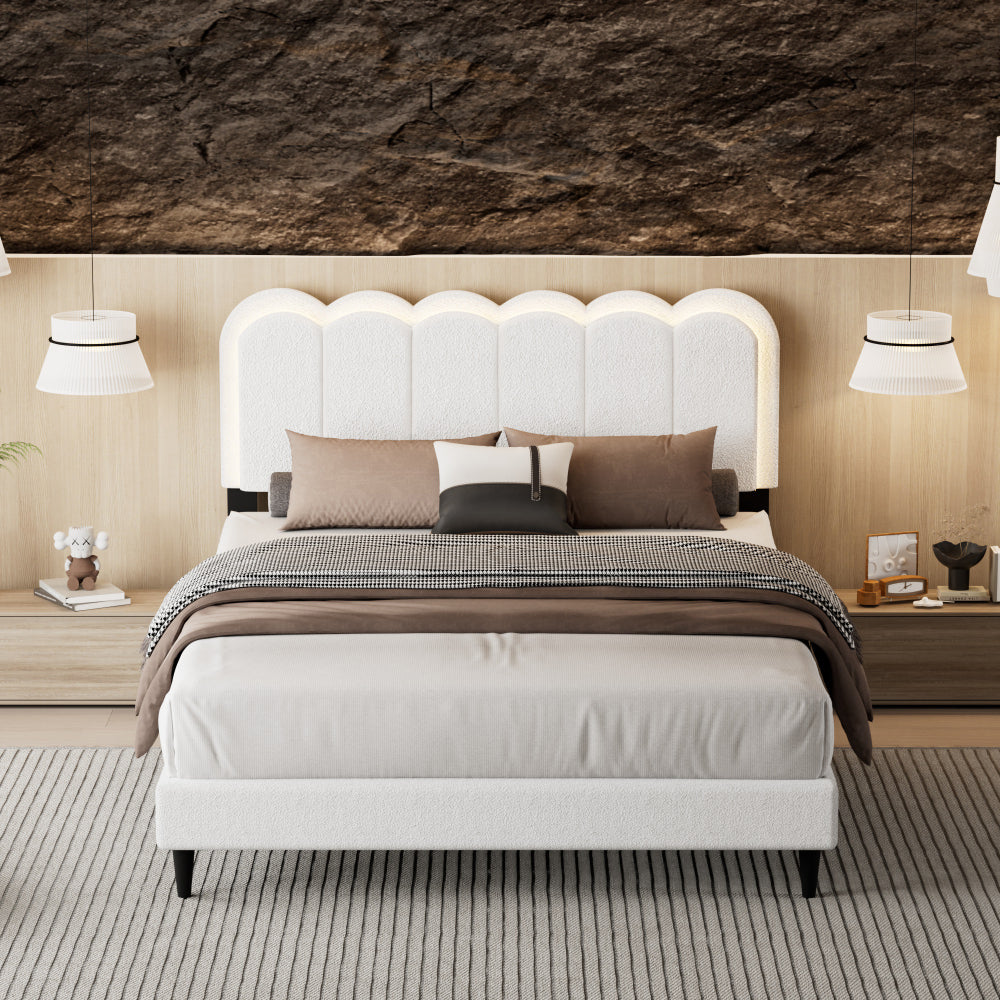 Full/Queen Size Boucle Platform Bed | Petal-Shaped Scalloped Headboard | Built-In Ambient Bedside Light | Rubberwood Legs | Silent Frame Design | No Box Spring Needed | White/Cream