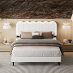 Full/Queen Size Boucle Platform Bed | Petal-Shaped Scalloped Headboard | Built-In Ambient Bedside Light | Rubberwood Legs | Silent Frame Design | No Box Spring Needed | White/Cream