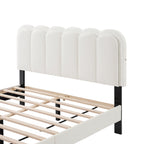 Full/Queen Size Boucle Platform Bed | Petal-Shaped Scalloped Headboard | Built-In Ambient Bedside Light | Rubberwood Legs | Silent Frame Design | No Box Spring Needed | White/Cream