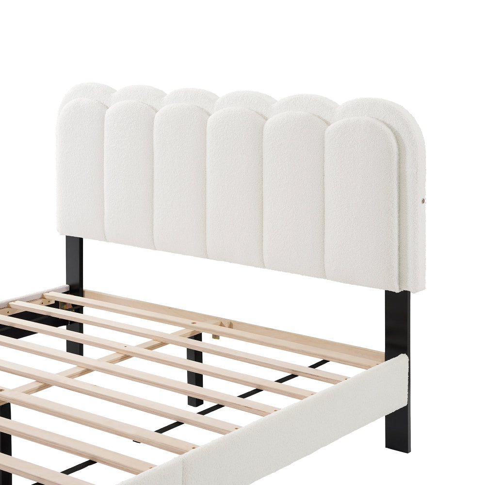 Full/Queen Size Boucle Platform Bed | Petal-Shaped Scalloped Headboard | Built-In Ambient Bedside Light | Rubberwood Legs | Silent Frame Design | No Box Spring Needed | White/Cream
