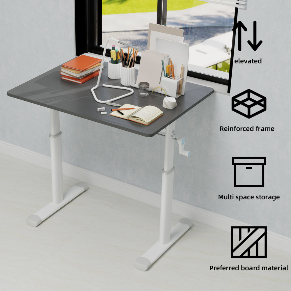 Height-Adjustable Standing Desk — 39" Manual Crank Sit-Stand Desk for Kids & Adults | Ergonomic Home Office Study Table | Sturdy Dual-Column Frame | No Electricity Needed | Compact Minimalist Design | White