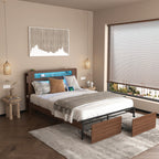 Full/Queen Size Wood Platform Bed with Bookshelf Storage Headboard | 2 Drawers | 2 AC Outlets 1 USB 1 Type-C Charging Station | 60,001 Color LED Lights APP Control | No Box Spring | Brown/Black/Walnut