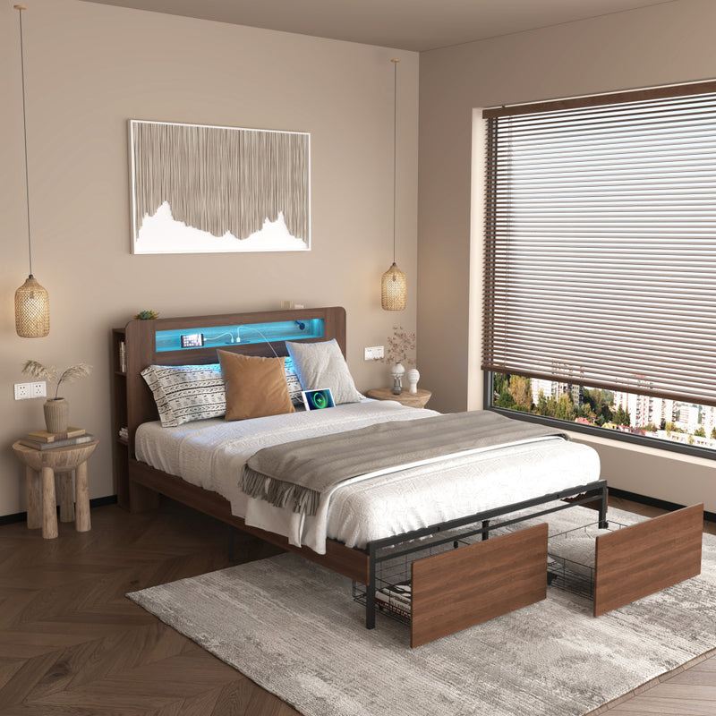 Full/Queen Size Wood Platform Bed with Bookshelf Storage Headboard | 2 Drawers | 2 AC Outlets 1 USB 1 Type-C Charging Station | 60,001 Color LED Lights APP Control | No Box Spring | Brown/Black/Walnut