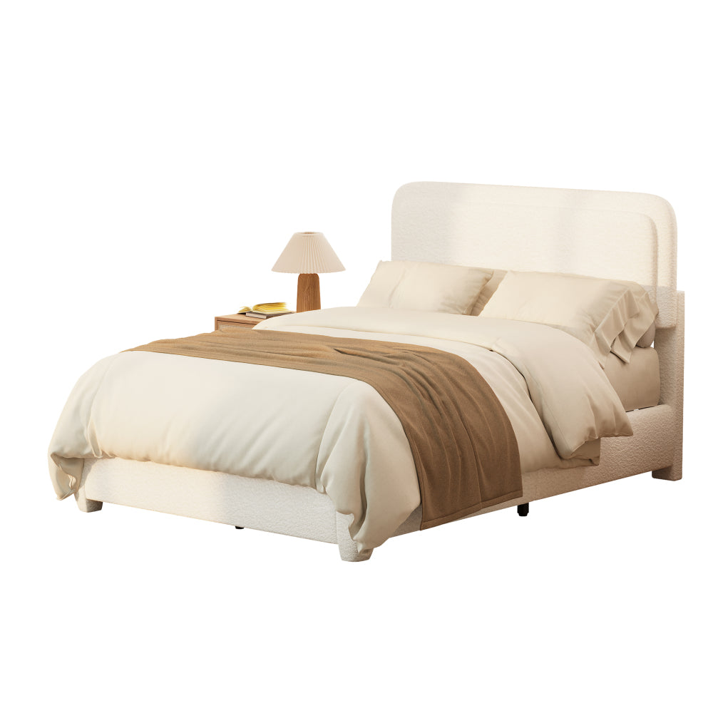 Full/Queen Size Boucle Platform Bed | Adjustable Curved Cloud Headboard 41"-43" | Foam Filled | Rounded Corner Protection | Low Profile | No Box Spring Needed | White