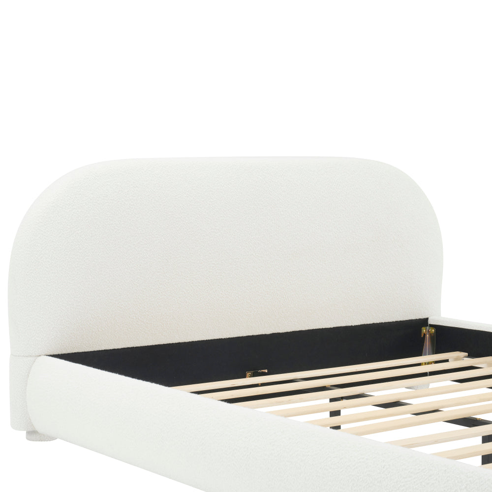 Queen/King Size Boucle Upholstered Platform Bed | Curved Ergonomic Headboard | Granular Fabric Texture | 800 lbs Heavy Duty | No Box Spring Needed | 40-Min Assembly | Cream / Green