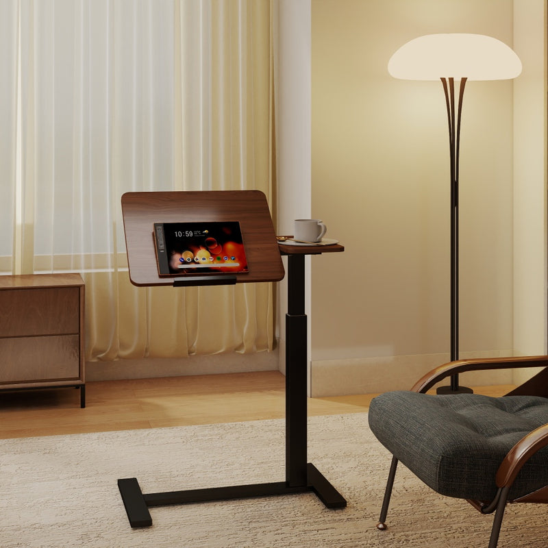 Mobile Adjustable Standing Desk — Overbed Bedside Desk with Flip Desktop & 4 Wheels | Height & Angle Adjustable Rolling Laptop Table | Portable Over Bed Desk | H-Shaped Base | MDF & Metal | Home, Office, Study | Walnut + Black
