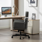 Criss Cross Wide-Seat Lounge Office Chair | 6-Gear Adjustable Armrests | Removable Headrest | Gentle Rocking + 360° Swivel | Pet-Friendly PU/Boucle Upholstery | Cross-Legged Sitting | Home Office, Gaming, Makeup, Conference | Gray/Ivory/Brown