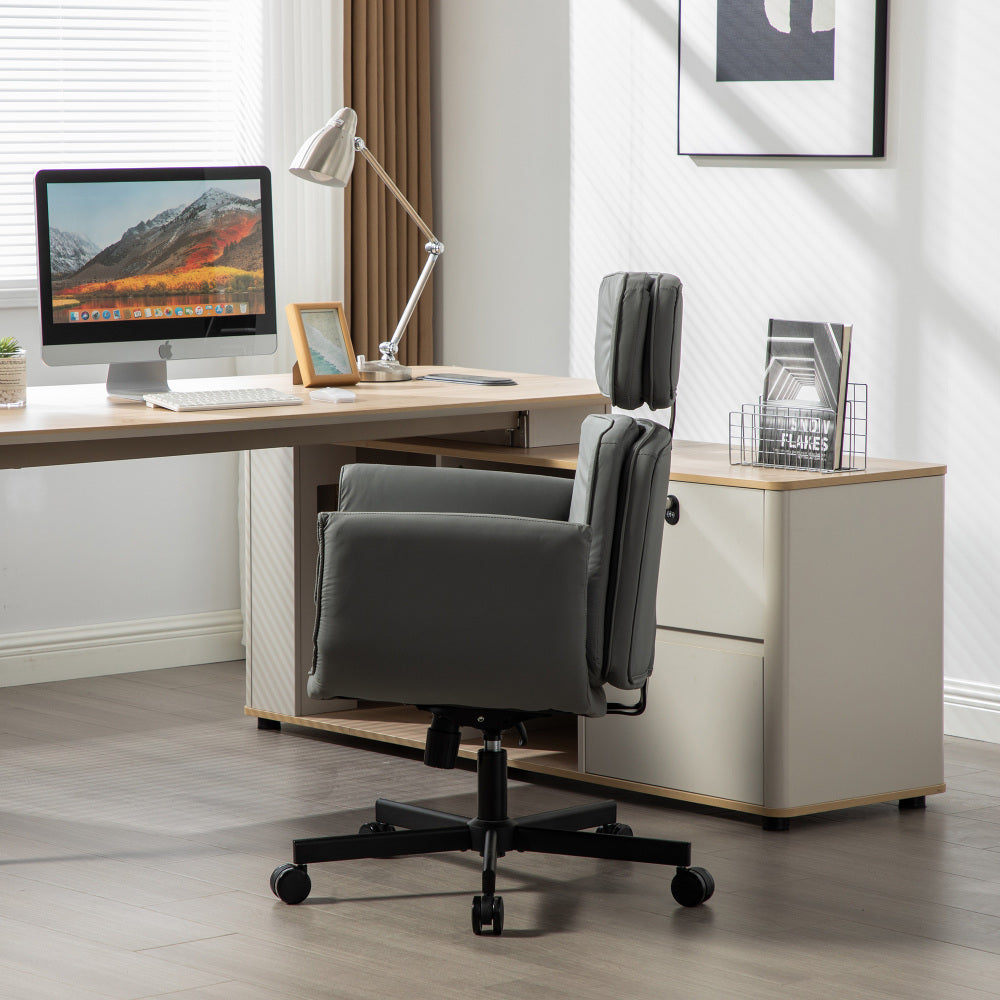 Criss Cross Wide-Seat Lounge Office Chair | 6-Gear Adjustable Armrests | Removable Headrest | Gentle Rocking + 360° Swivel | Pet-Friendly PU/Boucle Upholstery | Cross-Legged Sitting | Home Office, Gaming, Makeup, Conference | Gray/Ivory/Brown