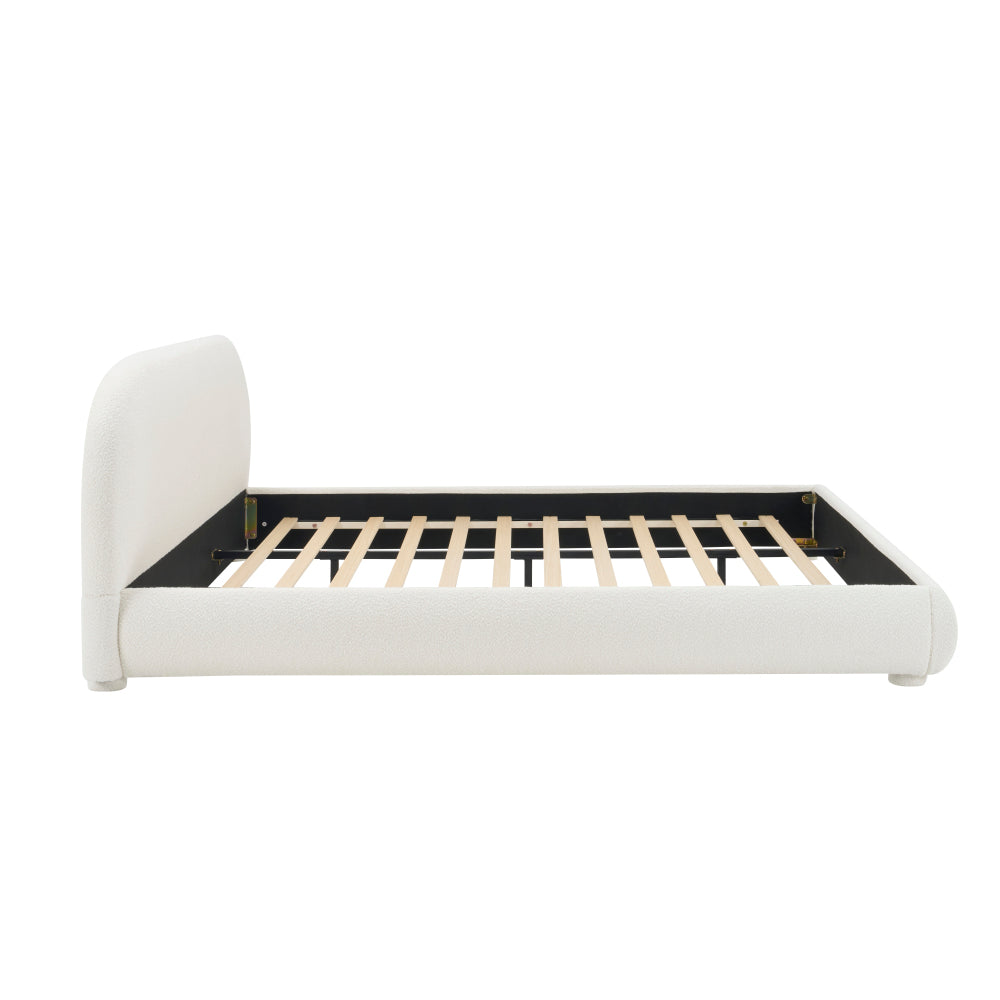 Queen/King Size Boucle Upholstered Platform Bed | Curved Ergonomic Headboard | Granular Fabric Texture | 800 lbs Heavy Duty | No Box Spring Needed | 40-Min Assembly | Cream / Green