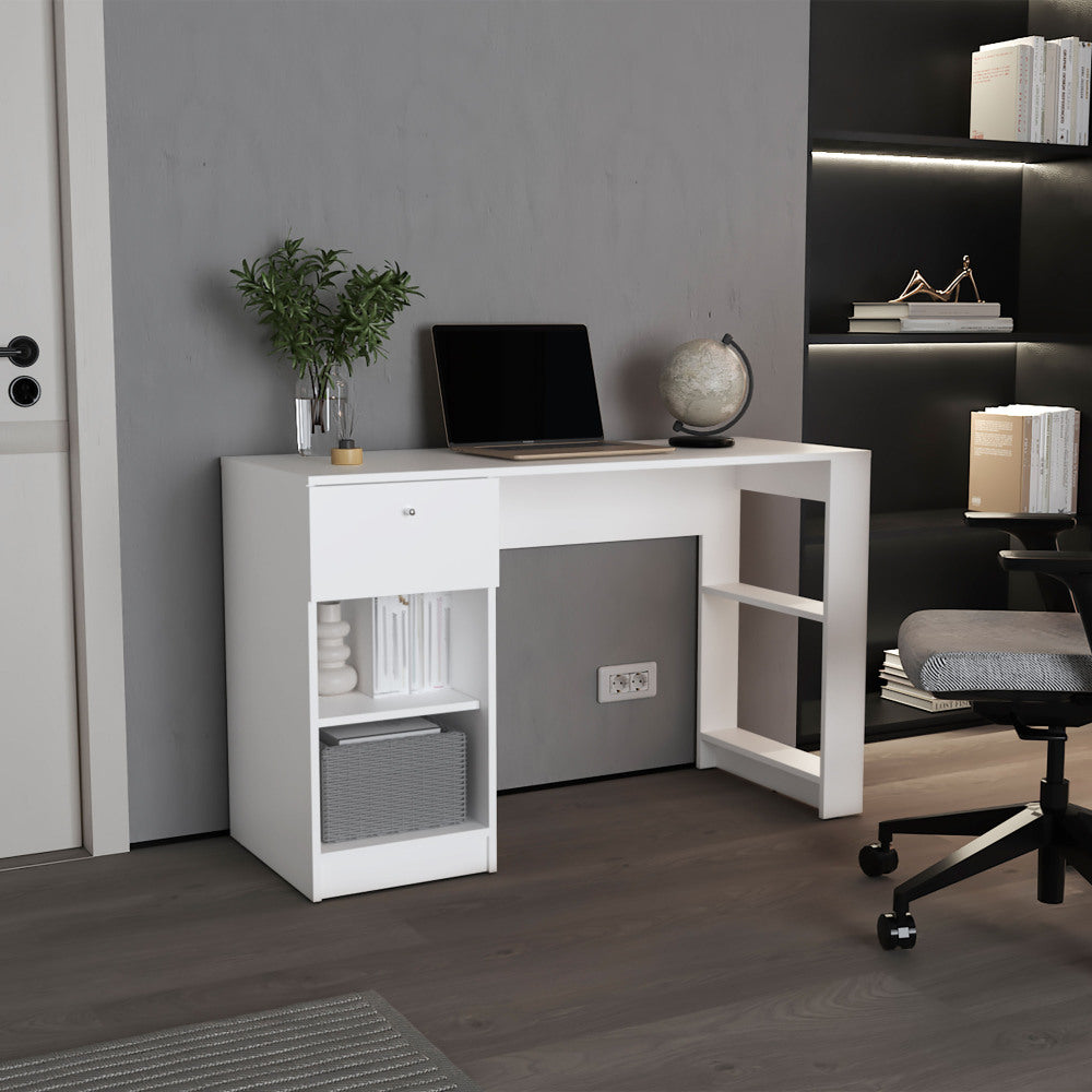 47" Modern Writing Desk with 1 Drawer + 4 Side Shelves | Generous Leg Clearance | Clean Minimalist Design | Sturdy Particle Board | Home Office, Living Room, Gaming Room | White/Black