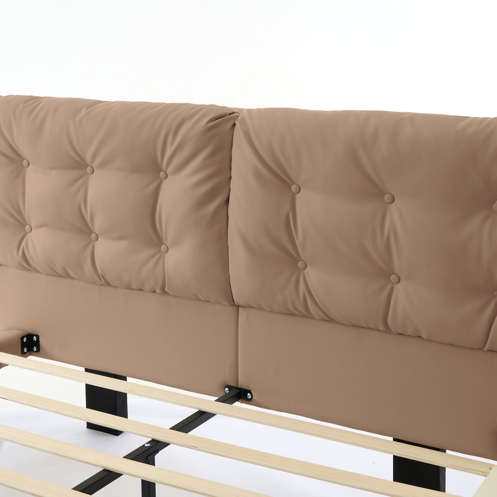 Queen Size PU Leather Floating Platform Bed | Button Tufted Segmented Headboard | Remote-Controlled LED Light Strip 6 Colors | 800 lbs | Hidden Leg Design | No Box Spring Needed | Pink / White / Khaki