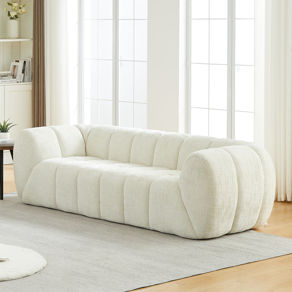 Modern Quilted Cloud Sofa | 3-Seat Chenille Pure Foam Couch | Piano-Key Backrest Design | Rounded Armrests | Deep-Seat Cushions | Living Room, Bedroom, Apartment | Beige/Black