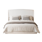 Queen Size Linen Upholstered Platform Bed | Curved Wingback Headboard | Fully Upholstered Frame | Solid Wood & Reinforced Slats | No Box Spring Needed | Easy Assembly | Beige / Brown