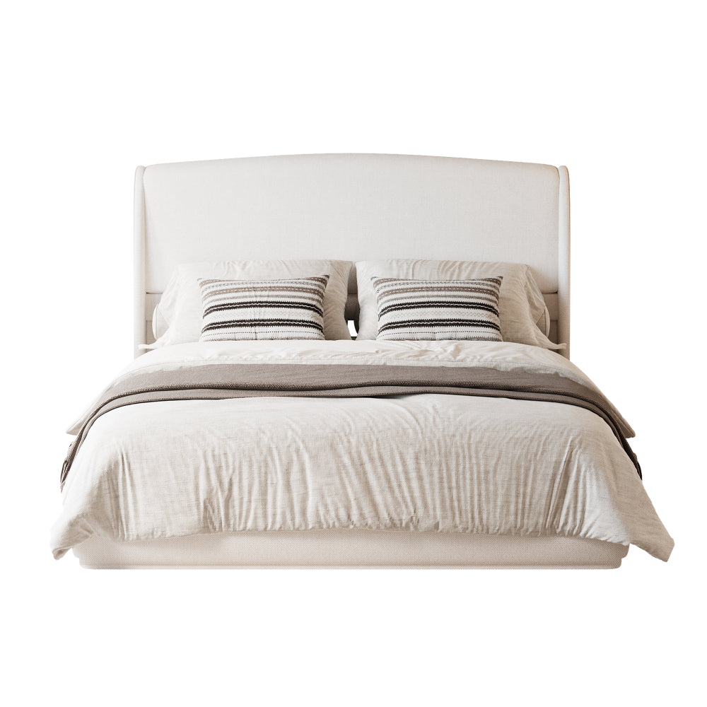 Queen Size Linen Upholstered Platform Bed | Curved Wingback Headboard | Fully Upholstered Frame | Solid Wood & Reinforced Slats | No Box Spring Needed | Easy Assembly | Beige / Brown