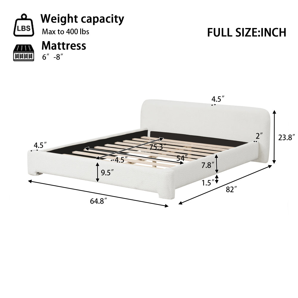 White Boucle Upholstered Low Profile Platform Bed | Birch & Engineered Hardwood Frame | 400-600 lbs | No Box Spring Needed | Full / Queen / King