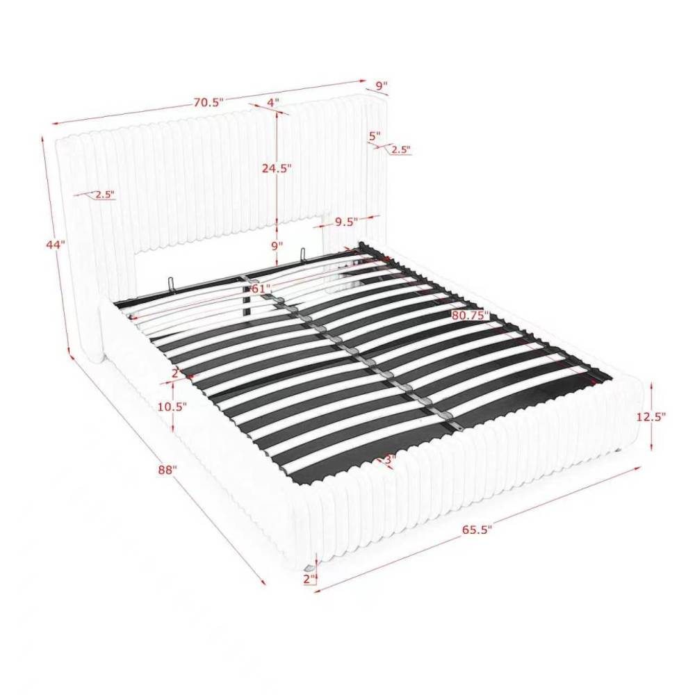 Queen/King Size Gas Lift Storage Bed | Vertical Striped Rabbit Fur Upholstered | Hydraulic Under-Bed Storage | 500 lbs | Eucalyptus Wood Frame | Silent Mechanism | Easy Assembly | Beige