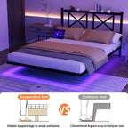 Full/Queen Size Floating Metal Platform Bed | Storage Headboard 2 AC + 2 USB Charging | RGB LED 2000+ Colors App & Music Sync | 4 Power Sockets | 450 lbs Heavy Duty Steel Slats | No Box Spring | Black