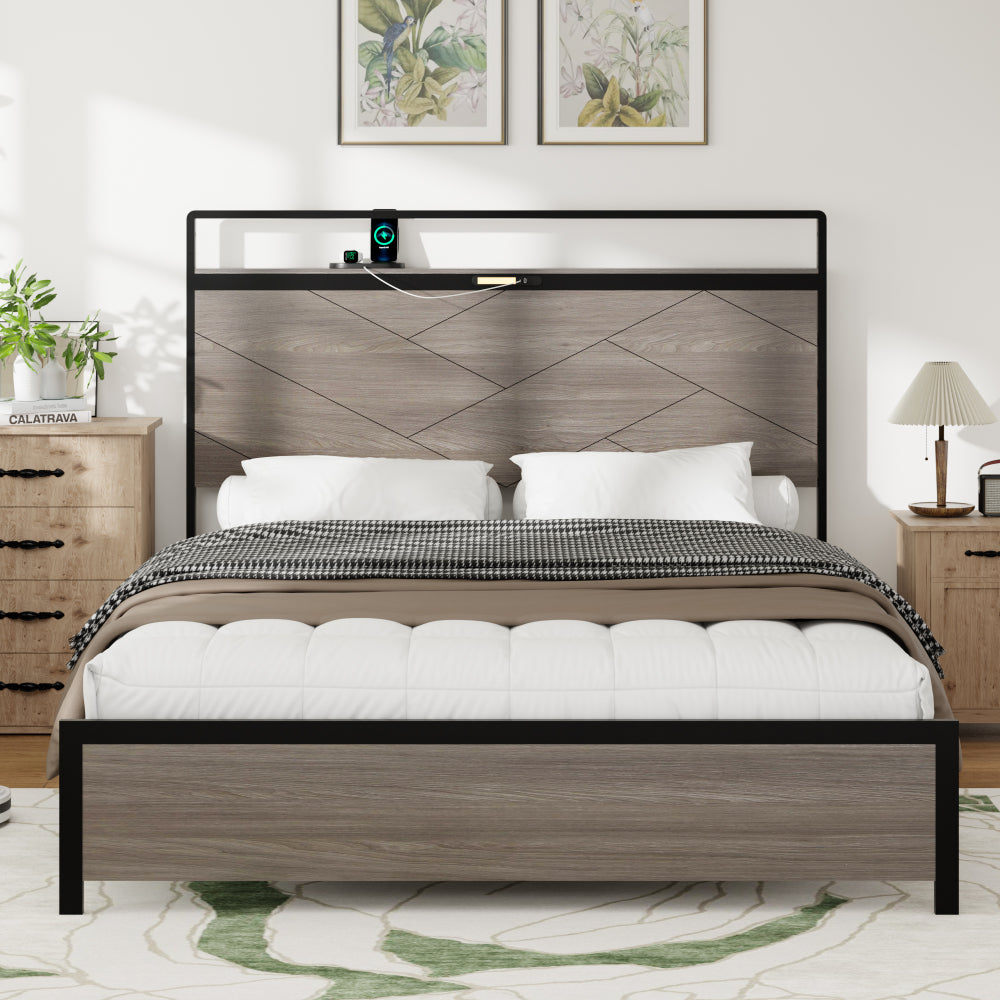 Full Size Wood & Metal Platform Bed | Storage Headboard with LED Touch Light & USB + Type-C Charging | Large Under-Bed Storage | Rust-Proof Steel | No Box Spring Needed | Antique Gray