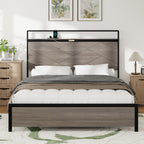 Full Size Wood & Metal Platform Bed | Storage Headboard with LED Touch Light & USB + Type-C Charging | Large Under-Bed Storage | Rust-Proof Steel | No Box Spring Needed | Antique Gray