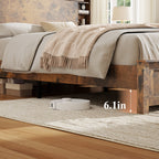Full/Queen/King Size Wood Platform Bed | Bookcase Storage Headboard with LED Lights & Charging Station USB + Outlets | Black Metal Legs | No Box Spring Needed | Antique Dark Brown