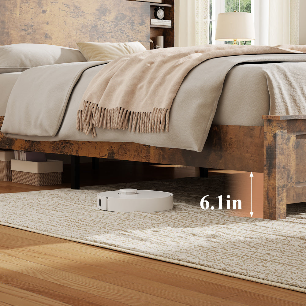 Full/Queen/King Size Wood Platform Bed | Bookcase Storage Headboard with LED Lights & Charging Station USB + Outlets | Black Metal Legs | No Box Spring Needed | Antique Dark Brown