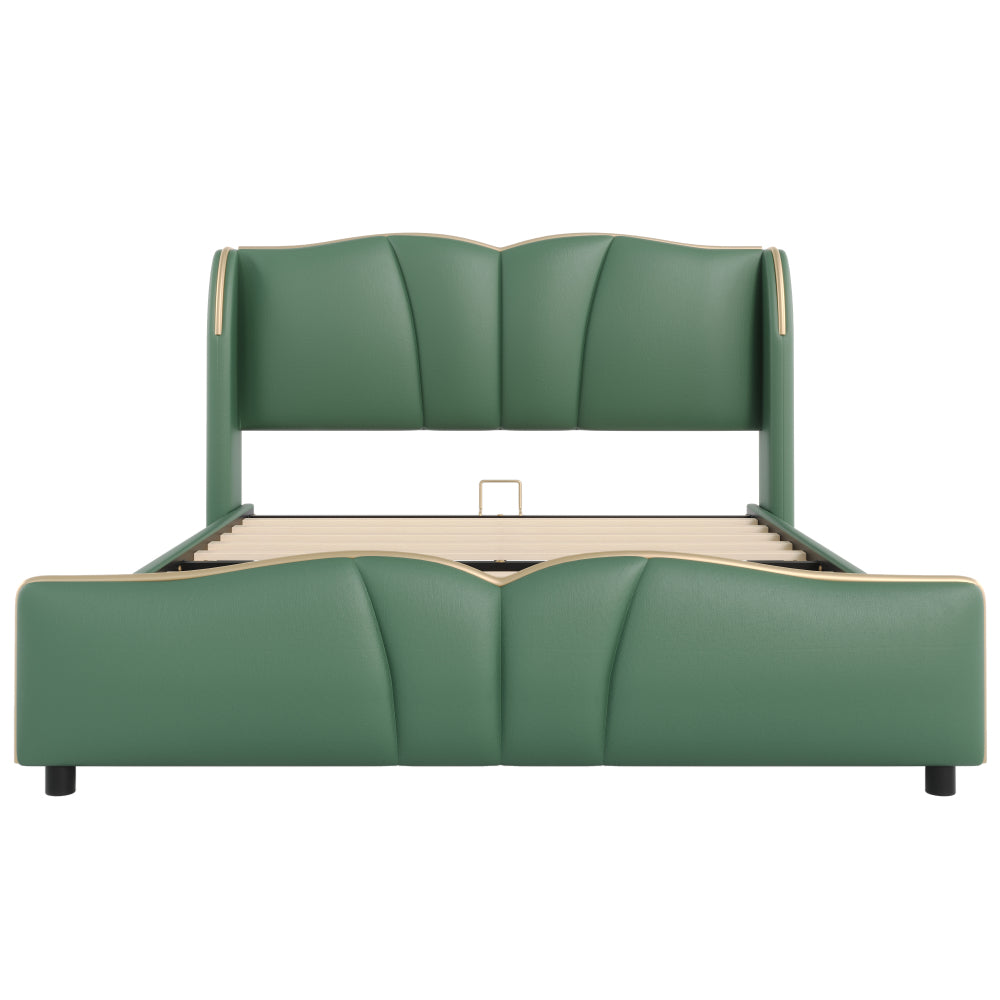 Queen Size PU Leather Wingback Platform Bed | Wave-Shaped Headboard & Footboard | 46.5" Tall Headboard | High-Resilience Sponge Fill | 800 lbs Wood Slats | No Box Spring Needed | Dark Green / Black / Antique Blue