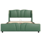Queen Size PU Leather Wingback Platform Bed | Wave-Shaped Headboard & Footboard | 46.5" Tall Headboard | High-Resilience Sponge Fill | 800 lbs Wood Slats | No Box Spring Needed | Dark Green / Black / Antique Blue