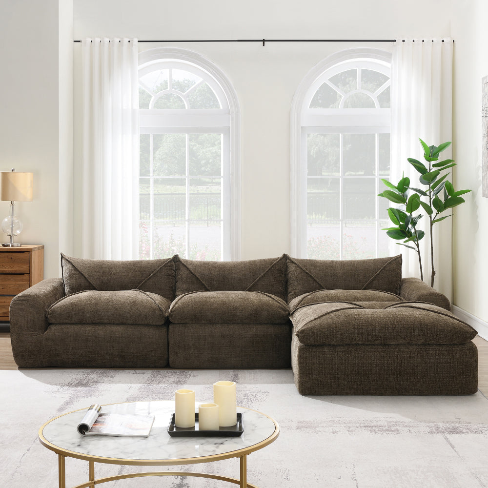 116" Fully Compressed 4-Seat Chenille Sectional Sofa | Integrated Backrest & Seat Cushion | Free Movement Ottoman | Decorative Edging | Legless Low-Profile Design | No Assembly Required | Living Room, Apartment | Brown/White/Green/Orange