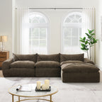 116" Fully Compressed 4-Seat Chenille Sectional Sofa | Integrated Backrest & Seat Cushion | Free Movement Ottoman | Decorative Edging | Legless Low-Profile Design | No Assembly Required | Living Room, Apartment | Brown/White/Green/Orange
