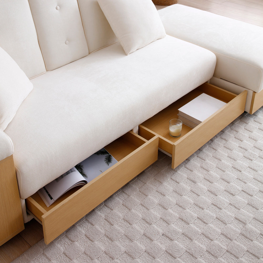 3-Seat Convertible Sleeper Sofa Couch | Double Folding Sofa Bed | Storage Ottoman + 2 Drawers | Drop-Down Coffee Table + 2 Cup Holders | Reversible Armrest | Cotton Linen + High-Density Foam | Living Room, Apartment, Office | Beige