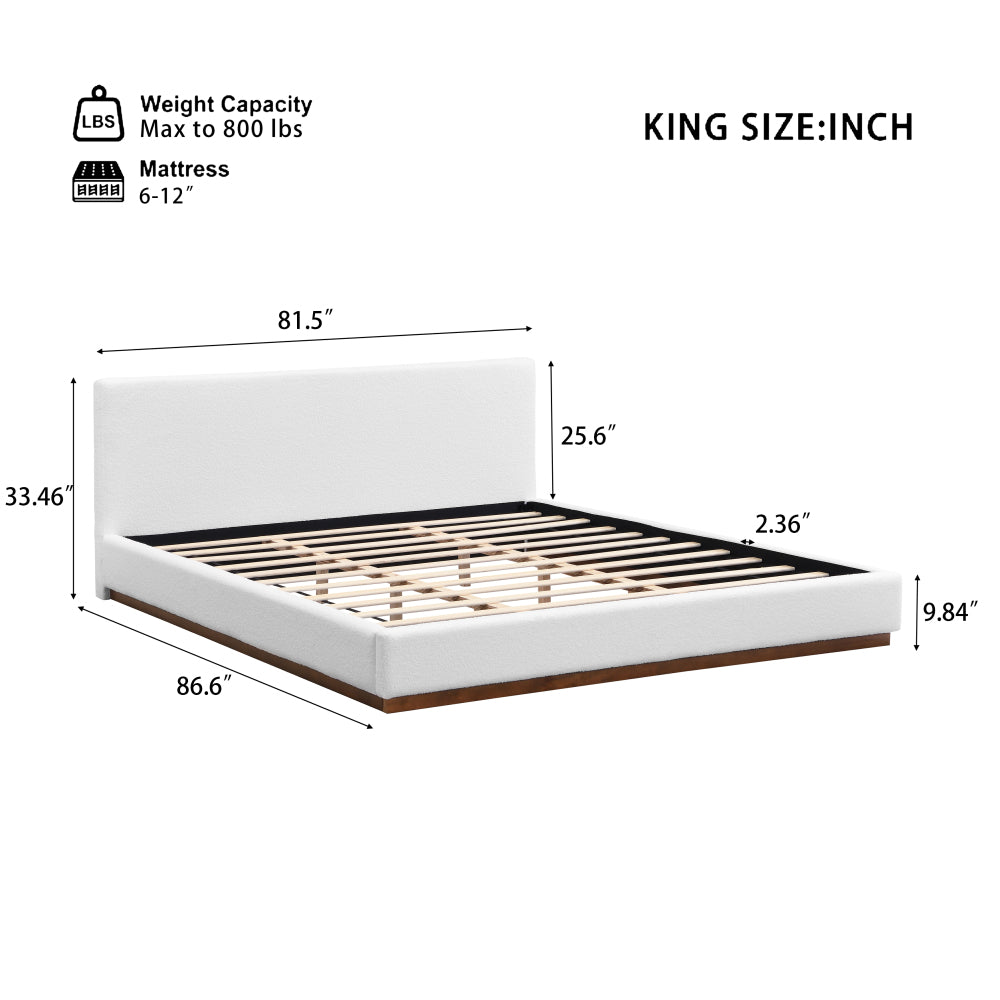 Queen/King Size White Boucle Upholstered Platform Bed | Wood Grain Textured Brown Solid Wood Base | 11 Slats + 4 Legs | 800 lbs | No Box Spring Needed | 2-Person Easy Assembly | White