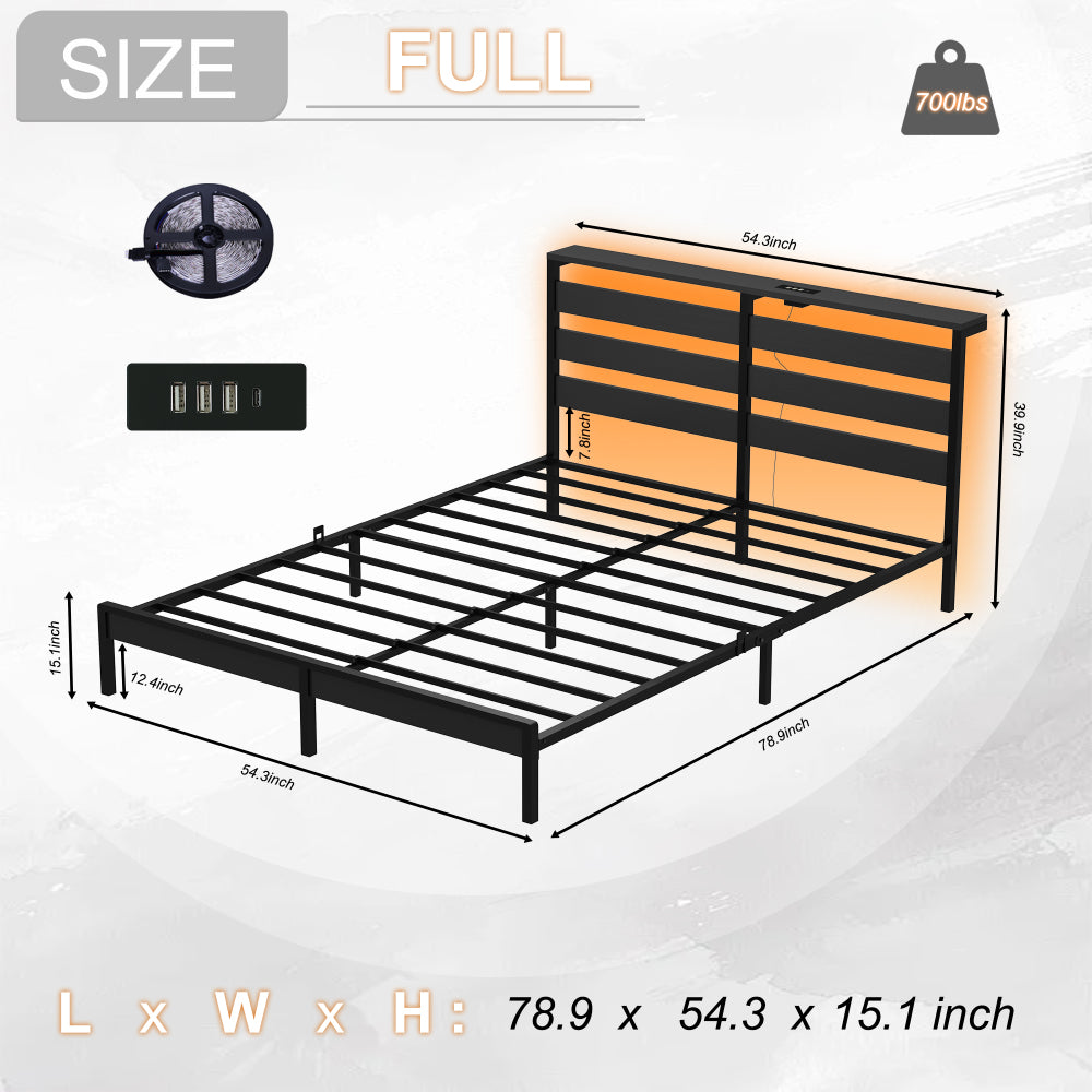 Full Size Metal Platform Bed | Wooden Headboard with USB Charging Station & LED Lights | Under-Bed Storage | 600 lbs Heavy Duty | No Box Spring Needed | Easy Assembly | Black