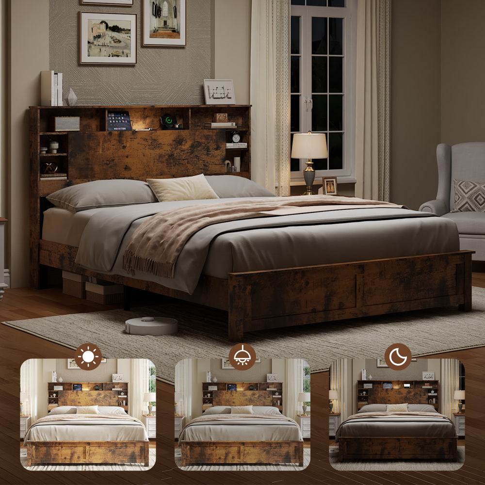 Full/Queen/King Size Wood Platform Bed | Bookcase Storage Headboard with LED Lights & Charging Station USB + Outlets | Black Metal Legs | No Box Spring Needed | Antique Dark Brown