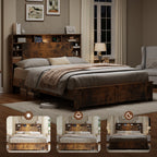 Full/Queen/King Size Wood Platform Bed | Bookcase Storage Headboard with LED Lights & Charging Station USB + Outlets | Black Metal Legs | No Box Spring Needed | Antique Dark Brown