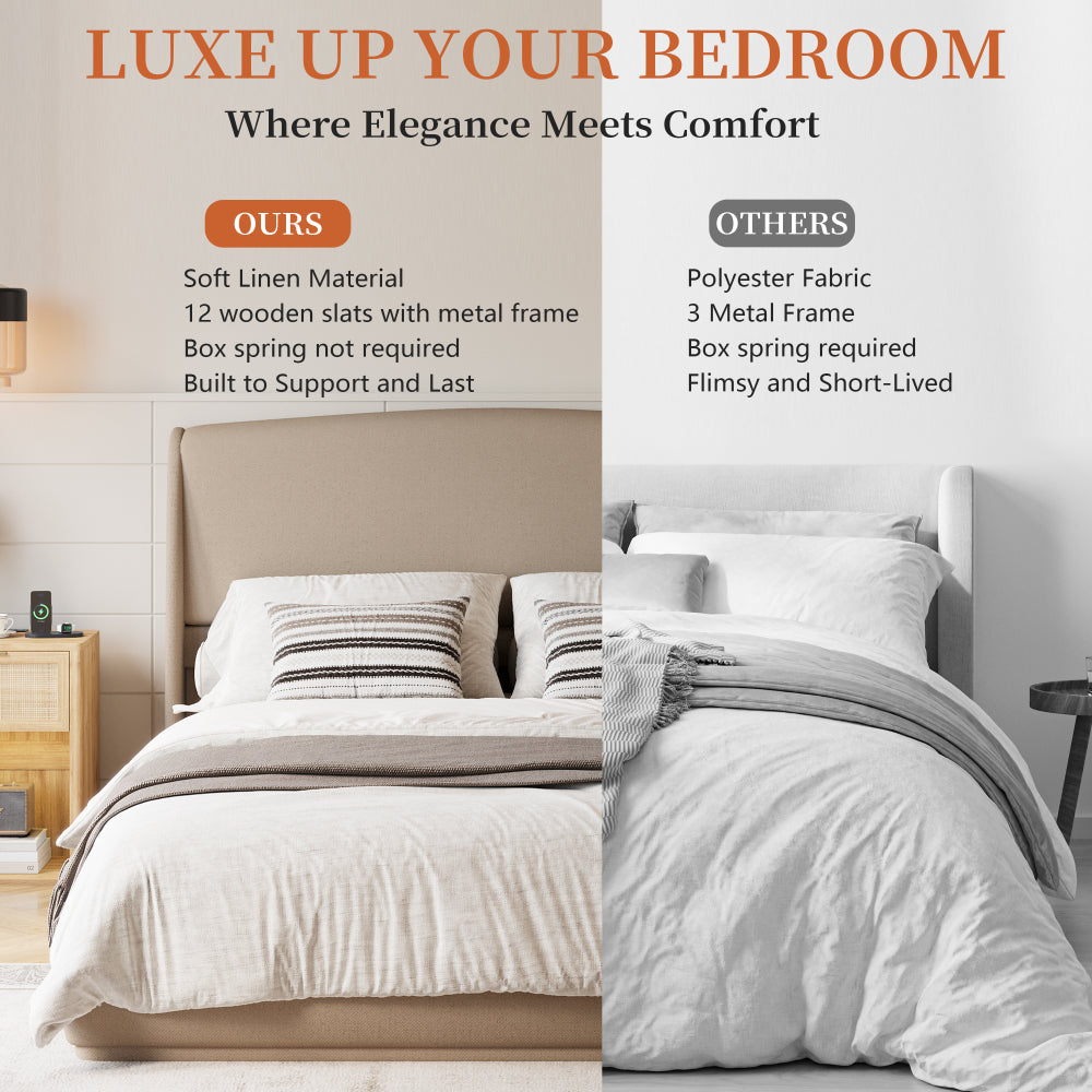 Queen Size Linen Upholstered Platform Bed | Curved Wingback Headboard | Fully Upholstered Frame | Solid Wood & Reinforced Slats | No Box Spring Needed | Easy Assembly | Beige / Brown